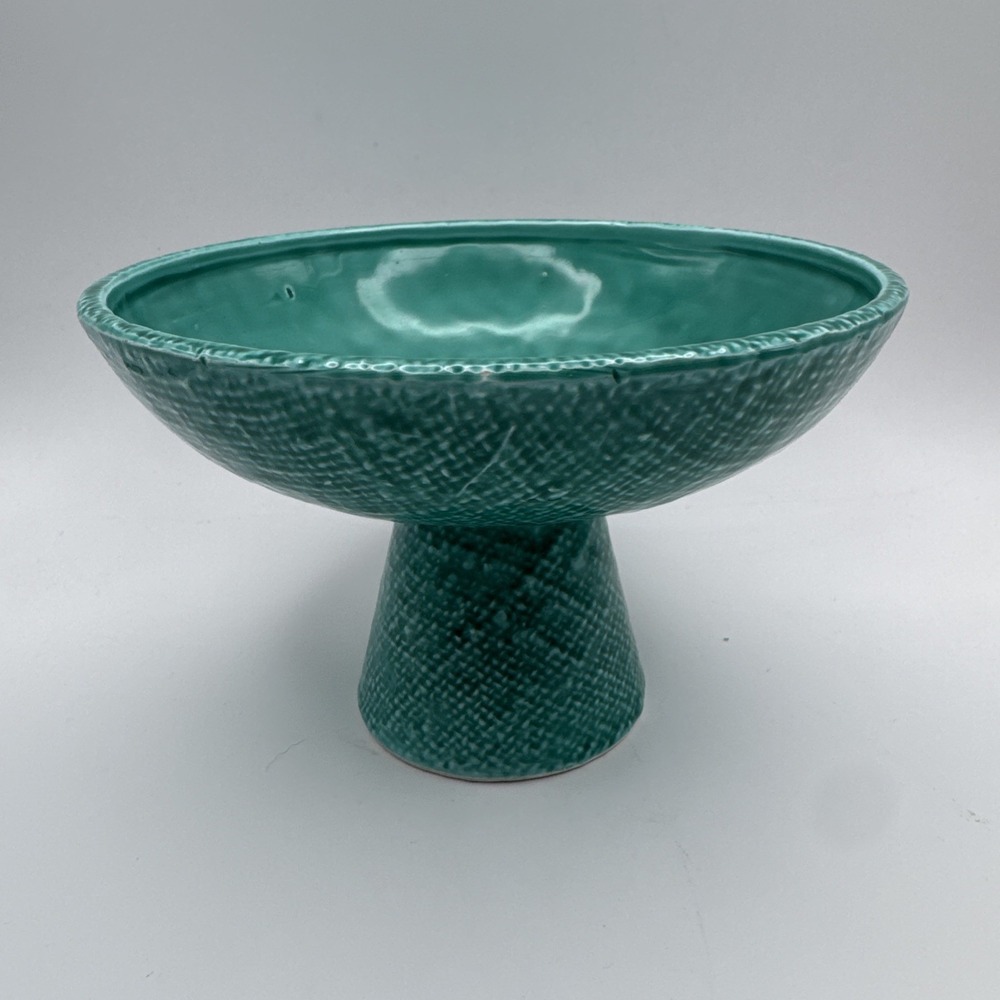 Inarco Pedestal Compote Bowl Burlap Crosshatch Texture Green Footed MCM Vintage